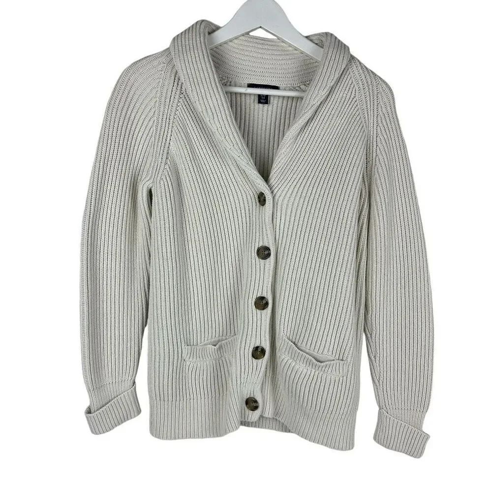 Lands End Women’s Cream Button Front Shawl collar Sweater size Small Grandpa cor